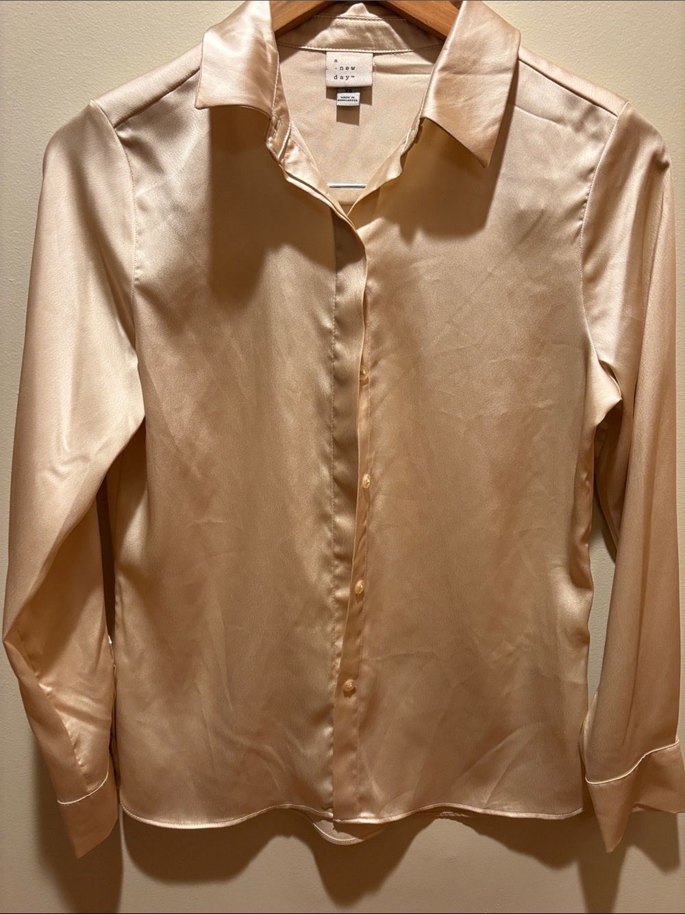 a new day Satin Button-Up Blouse in Champagne Beige